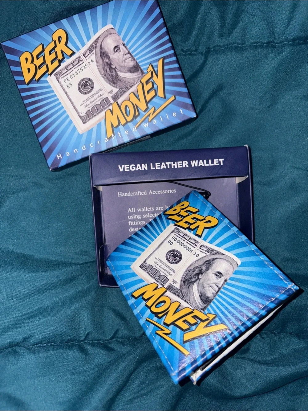 Funny Wallet - Beer Money Vegan Leather Wallet - bifold Ben Franklin